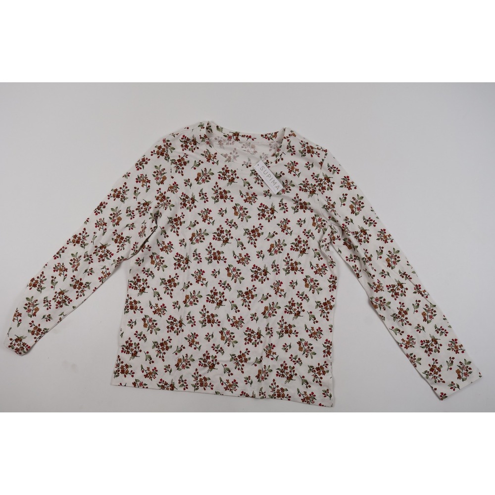 Lands End Long Sleeve Tee Supima Cotton Floral Berry White Size S NWT